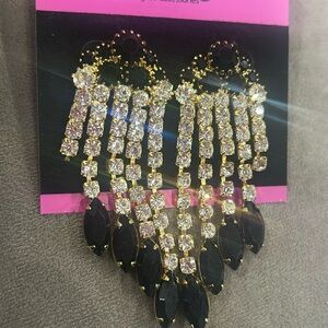 Vintage Black & Crystal Graduated Chains Earrings-Boutique